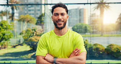 Buy stock photo Tennis portrait, man and arms crossed on court for match practice, tournament or ready for training. Sport athlete, padel player and happy at health club for fitness competition or wellness challenge