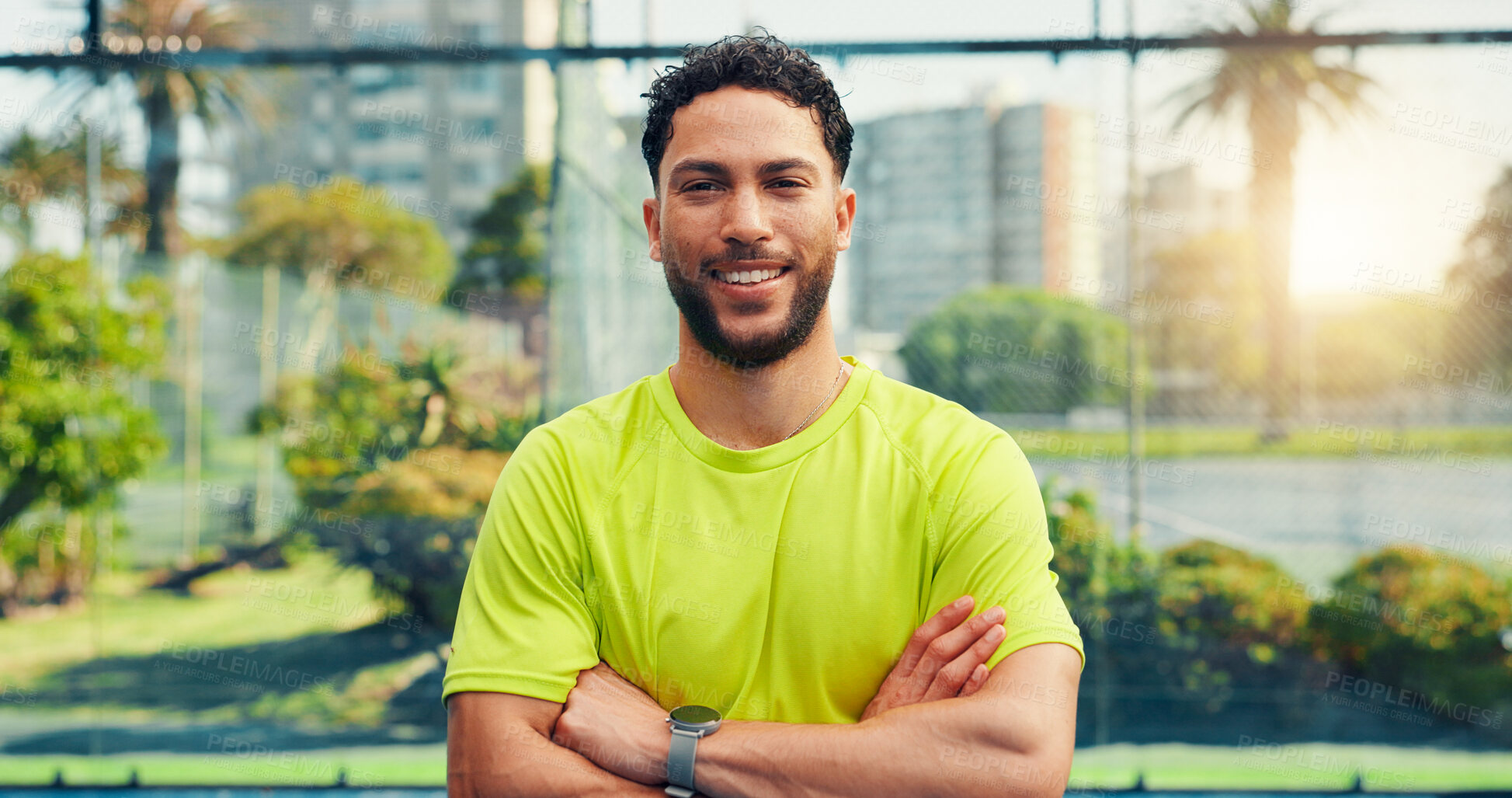Buy stock photo Tennis portrait, man and arms crossed on court for match practice, tournament or ready for training. Sport athlete, padel player and happy at health club for fitness competition or wellness challenge