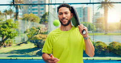 Buy stock photo Smile, padel and portrait of man on court for fitness, training or match with confidence. Sports, happy and athlete with racket and ball outdoor for workout, practice or game with pride in Mexico.