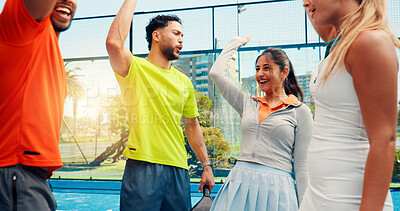 Buy stock photo Happy, people and cheering for tennis outdoor for fitness, match practice and game success. Smile, friends and celebration for competition, sports achievement and accomplishment on winning tournament