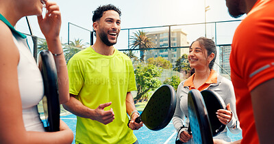Buy stock photo Padel, friends and laugh with talking on court for sports break, tournament joke and practice session. People, tennis team or conversation at fitness club with match advice, funny discussion or chat