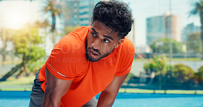 Buy stock photo Tennis, tired and man with fitness, sweating and breathing with training, break and challenge. Outdoor, person and healthy player with fatigue, exhausted and sports with rest, wellness and workout