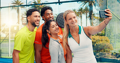 Buy stock photo Happy people, padel or team with selfie for photography, picture or memory on sports court. Group, friends or athletic players with smile, capture moment or social media for fun game or outdoor match