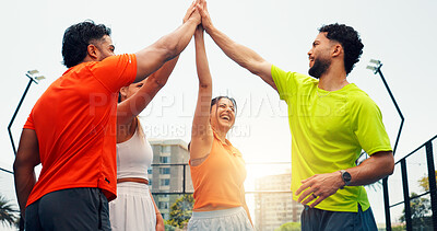 Buy stock photo High five, fitness and group of people on court with solidarity, unity and partnership at padel match. Happy, flare and team of athletes with hands together for training, workout or game outdoor.