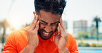 Man, headache and padel with stress, sports and fatigue with training routine, pain or vertigo. Person, athlete and migraine with temple massage, frustrated or burnout with fitness at tennis court