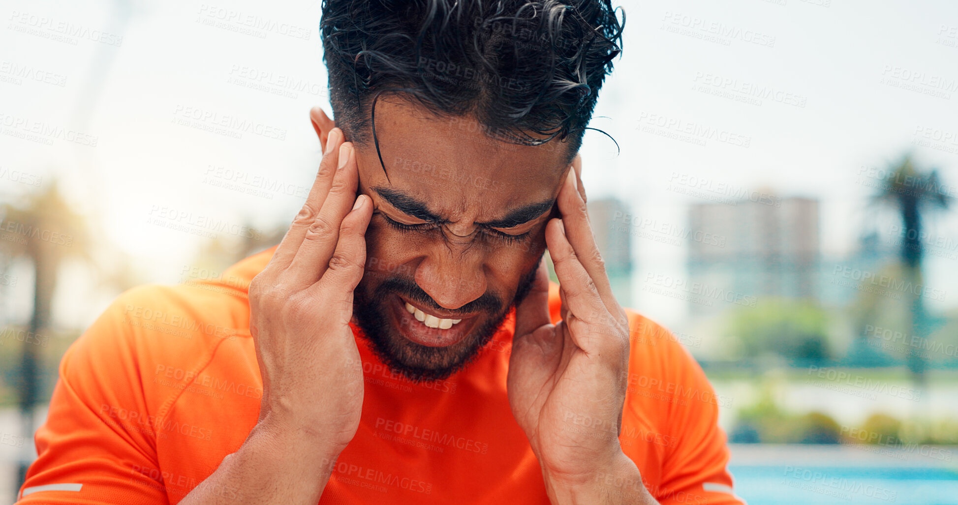 Buy stock photo Man, headache and tennis with stress, sports and fatigue with training routine, pain or vertigo. Person, athlete and migraine with temple massage, frustrated or burnout with fitness at pade; court