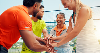 Buy stock photo Padel, stack of hands and friends on court for fitness, workout or training together for match. Huddle, people and group of athletes with teamwork for exercise, sports or practice for game outdoor.
