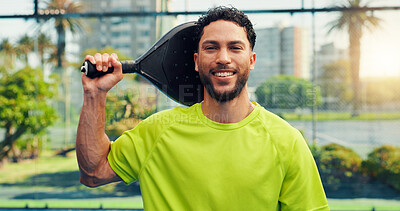Buy stock photo Happy, padel and portrait of man on court for fitness, training or match with confidence. Sports, smile and male athlete with racket outdoor for workout, practice or game with pride in Mexico.