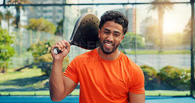 Buy stock photo Padel, smile and fitness with portrait of man on court for sports athlete, contest and tournament club. Training, competition and tennis player or person on outdoor turf for exercise, game and match