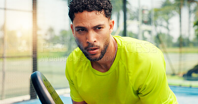 Buy stock photo Padel tennis, breathe and man outdoor for fitness, training and performance. Court game, cardio and workout or club competition with person in match for athlete, exercise and racket tournament