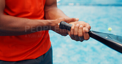 Buy stock photo Wrist pain, hands or man with padel for sports injury, outdoor workout or strain for inflammation. Tennis court, poor technique or athlete with tendinitis from training game, muscle tension or sprain