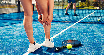 Buy stock photo Calf pain, padel or woman legs on court with running injury, outdoor workout or sprain for inflammation. Tennis match, muscle tension or athlete with strain from practice game, tendinitis or accident