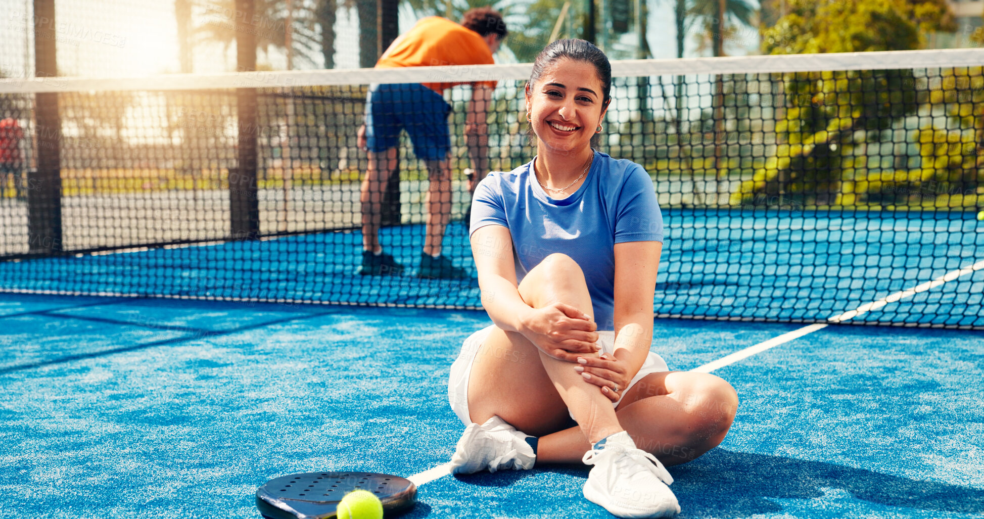 Buy stock photo Outdoor, padel and woman with smile, portrait and confident with sportswear, training or competition. Court, athlete and person on turf, wellness and tennis player with pride for match preparation