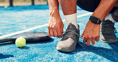 Buy stock photo Man, hands and tie shoes on padel court for outdoor match or workout preparation. Wellness, male person and athlete legs getting ready with sneakers, laces and sport for tennis, fitness or challenge