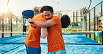 Padel, sports and friends on court hug for training, practice and start exercise for challenge. Fitness, athlete and men with racket embrace for teamwork, tennis match and competition outdoor