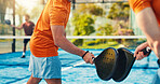 Padel, sports and friends on court greeting for training, practice and start exercise for challenge. Fitness, partnership and people with racket together for game, tennis match or competition outdoor