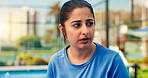 Woman, rest and thinking with padel, sports and tired with breathing, reflection and training routine. Person, athlete and break with perspective, fitness or exercise on tennis court for game at club