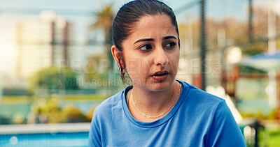 Buy stock photo Woman, break and thinking at tennis court, sports and tired with breathing, reflection or training outdoor. Person, athlete and rest for perspective, fatigue and exercise with burnout at fitness club