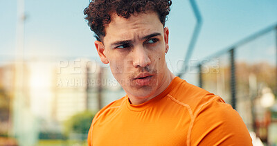 Buy stock photo Man, tired and breathe at tennis court, sports and fatigue with thinking, reflection and training routine. Person, athlete and break with perspective, fitness or burnout with rest for game at club
