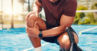 Buy stock photo Hands, man and leg pain on padel court from fitness, match accident and muscle sprain. Person, discomfort and joint strain with exercise mistake, inflammation and sports injury n tennis competition