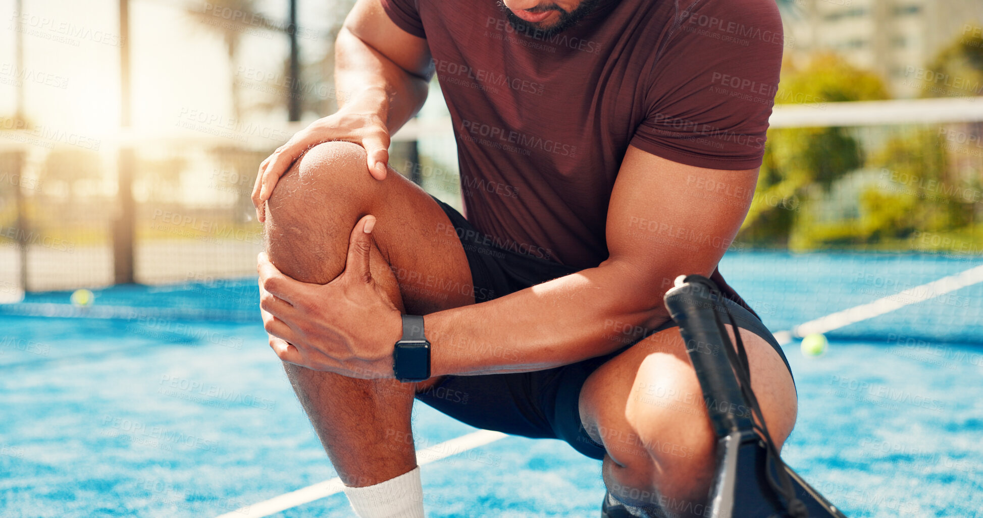 Buy stock photo Hands, man and leg pain on padel court from fitness, match accident and muscle sprain. Person, discomfort and joint strain with exercise mistake, inflammation and sports injury n tennis competition