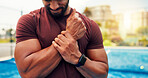 Wrist pain, hands or man on tennis court with sports injury, outdoor workout or strain for inflammation. Padel accident, poor technique or athlete with tendinitis from game, muscle tension or sprain