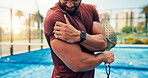 Athlete, man and shoulder pain on padel court from fitness, match accident and muscle sprain. Person, discomfort and joint strain with exercise mistake, inflammation and sports injury from tournament