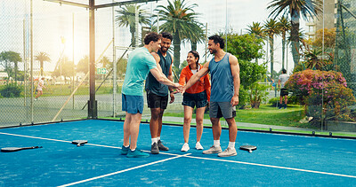 Buy stock photo Huddle, padel team and hands together with people on court for support, tournament mission and goal. Tennis player, training and motivation with friends, partner and competition for solidarity