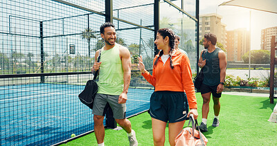 Buy stock photo Tennis, people or walk to court with conversation for sport game, friendly match or competition practice. Active, friends outdoor or gym bag with discussion for fitness, padel tournament or training.