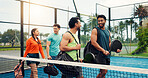 Padel, friends or walk on court with discussion for sport game, friendly match or competition practice. Active, people outdoor and racket with conversation for fitness, tennis tournament or training.