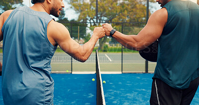 Buy stock photo Hands, fist bump and padel with fitness, sports and respect with support, challenge and friends at game. People, athlete and training with success on tennis court, exercise or competition at club