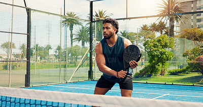 Buy stock photo Fitness, padel court and man with racket for game, summer training and ready for sport practice. Exercise, outdoor or athlete with tennis gear for skills development, coordination challenge and match