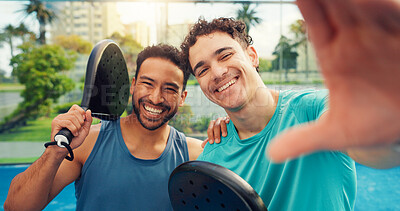 Buy stock photo Fitness, portrait or men in tennis court with selfie, friends or digital memories of padel game. Happy, POV or athlete outdoor with bat, training support or moment capture for social media post.