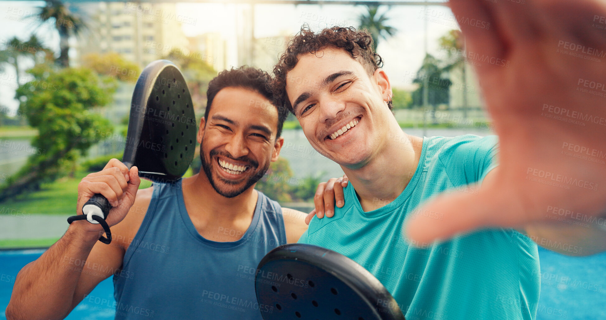 Buy stock photo Fitness, portrait or men in tennis court with selfie, friends or digital memories of padel game. Happy, POV or athlete outdoor with bat, training support or moment capture for social media post.