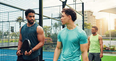 Buy stock photo Padel, people or walk to court with conversation for sports game, friendly match or competition practice. Active, friends outdoor or workout with discussion for tennis fitness, tournament or training