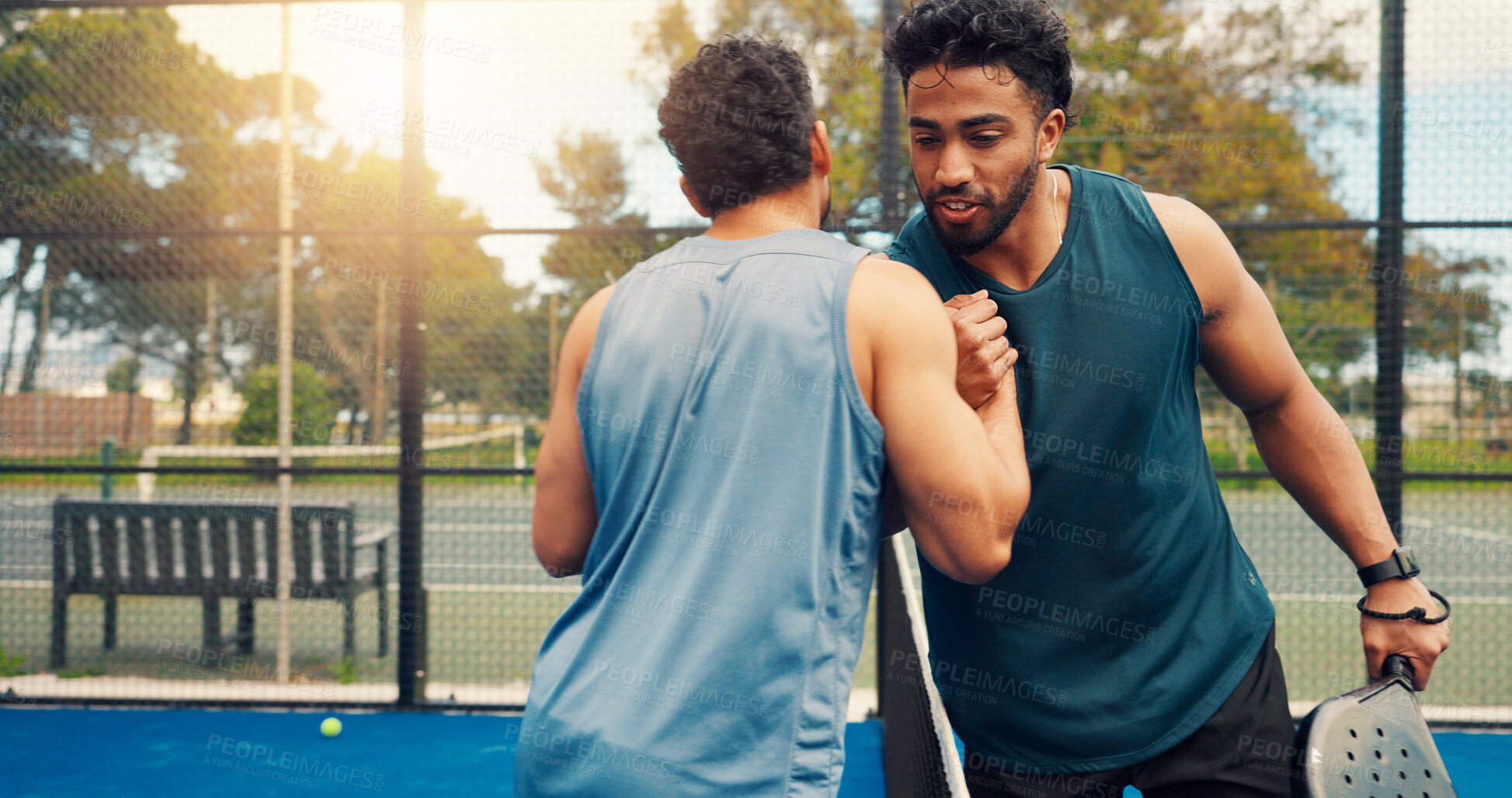 Buy stock photo Fitness, hug and men at tennis court with support, thank you and respect for end of game match. Padel, friends and athletes outdoor with embrace, congratulations and good job in completed tournament