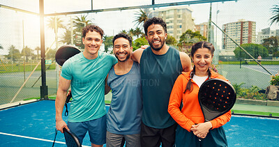 Buy stock photo Padel, sports and portrait of friends on court for game, tournament and competition outdoor. Tennis, athlete team and people hug for training, exercise and workout for challenge, practice and fitness