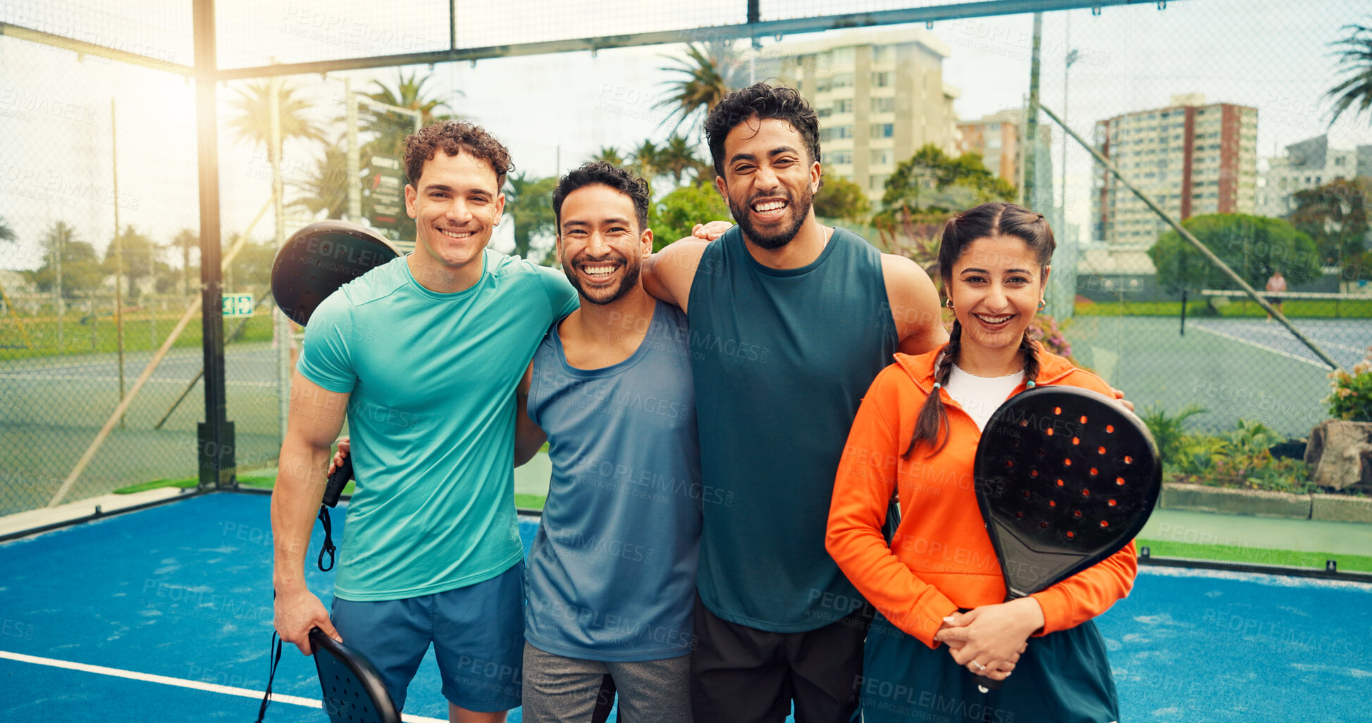 Buy stock photo Padel, sports and portrait of friends on court for game, tournament and competition outdoor. Tennis, athlete team and people hug for training, exercise and workout for challenge, practice and fitness
