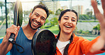 Fitness, POV or people in tennis court with selfie, friends or digital memory of padel game. Smile, portrait or team outdoor with bat, training support or moment capture for social media update.