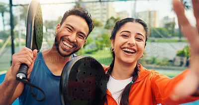 Buy stock photo Fitness, selfie or people in padel court with portrait, friends or digital memory of sports game. Smile, POV or team outdoor with bat, tennis support or moment capture for social media update.