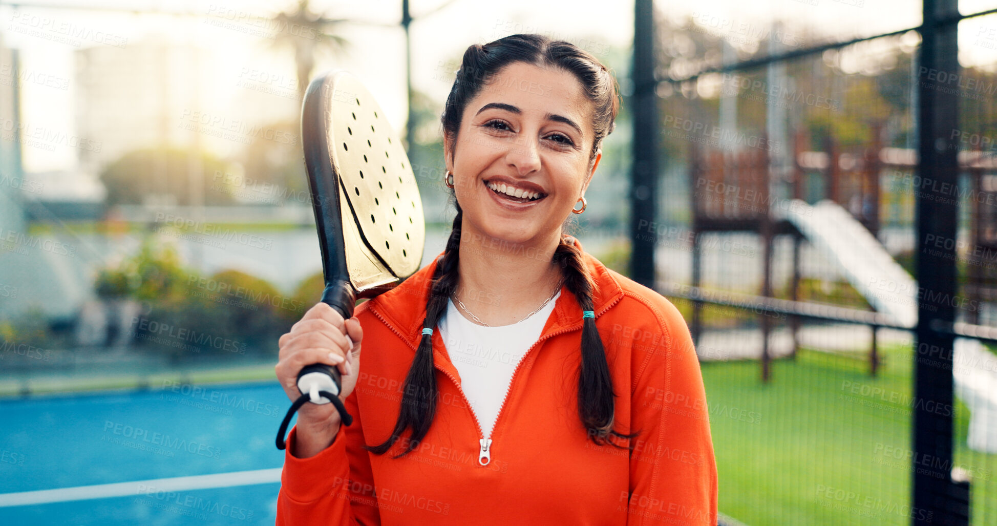 Buy stock photo Padel, woman and happy with portrait on court for competition practice, match training or fitness. Sport event, tennis player and smile with racket at health club for tournament exercise and workout