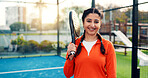 Padel, woman and smile with portrait on court for tournament practice, match contest or fitness. Sport event, tennis player and racket at wellness club for competition exercise or training with space