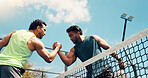 Men, handshake and padel with training, fitness and respect with support, challenge and low angle. People, athlete and shaking hands at tennis court for exercise, game and sports with match at club