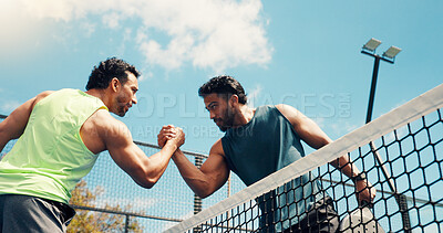 Buy stock photo Men, handshake and padel with training, fitness and respect with support, challenge and low angle. People, athlete and shaking hands at tennis court for exercise, game and sports with match at club