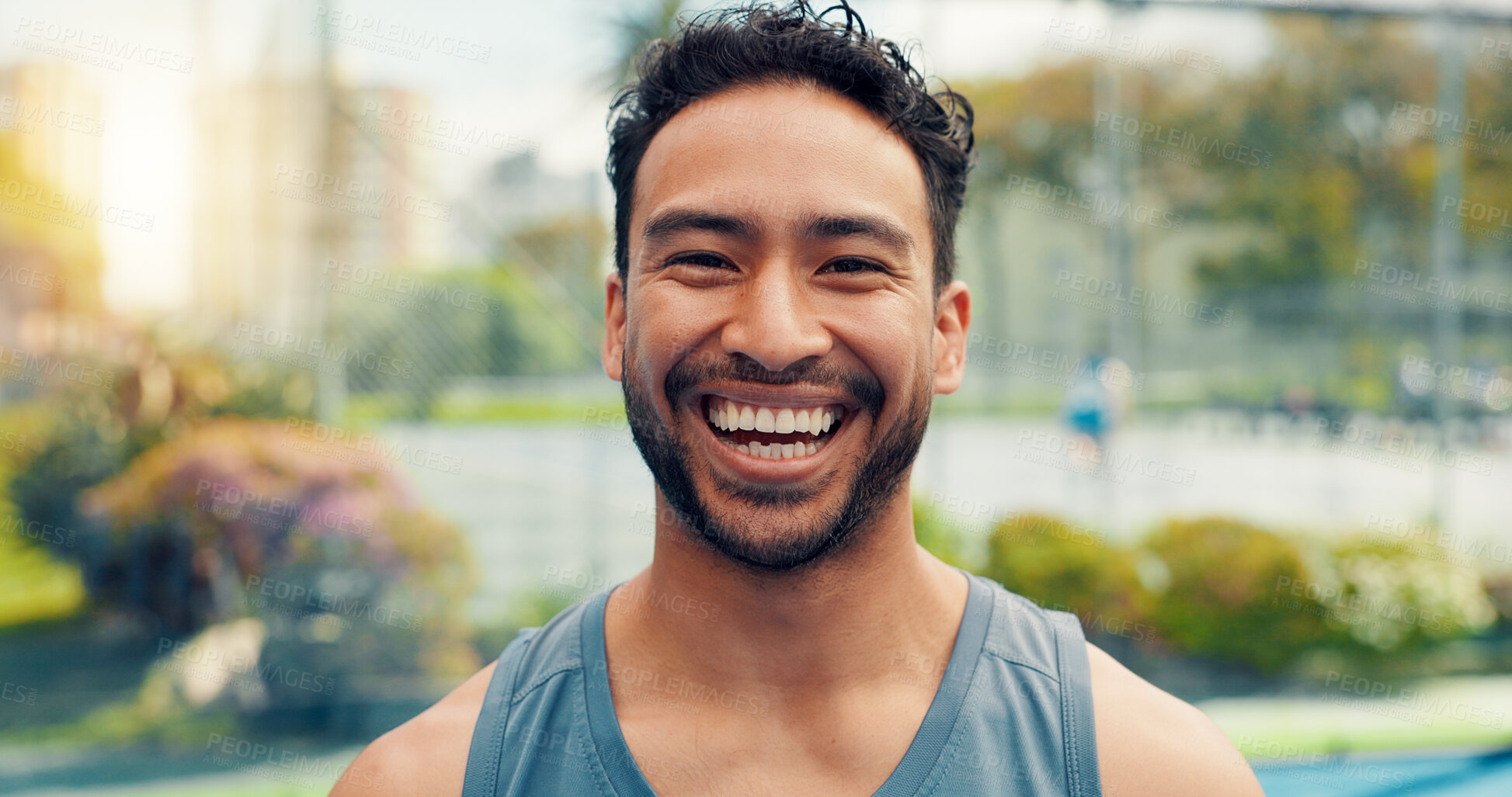 Buy stock photo Fitness, portrait or man on tennis court with smile, sportswear or performance goal in exercise hobby. Padel, happy or athlete outdoor with confidence, challenge or health for body transformation.