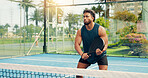 Man, padel or waiting for serve on court with sports game, competition practice or fitness development. Agile, person and athlete outdoor with racket for tennis workout, tournament training or ready.