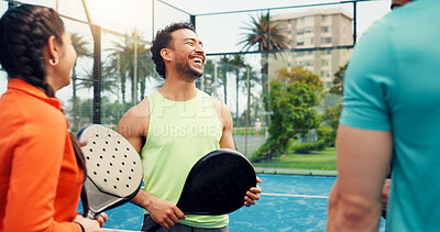 Buy stock photo Padel, funny and people with fitness, conversation and laughing with smile, training and wellness. Outdoor, friends and tennis players with break, joke and discussion with feedback for tournament