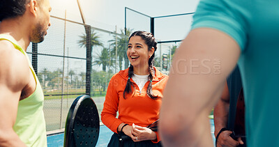 Buy stock photo Smile, padel team and discussion with people on court for support, tournament and fitness. Tennis player, training and bonding with friends, partner and challenge for competition and sport workout