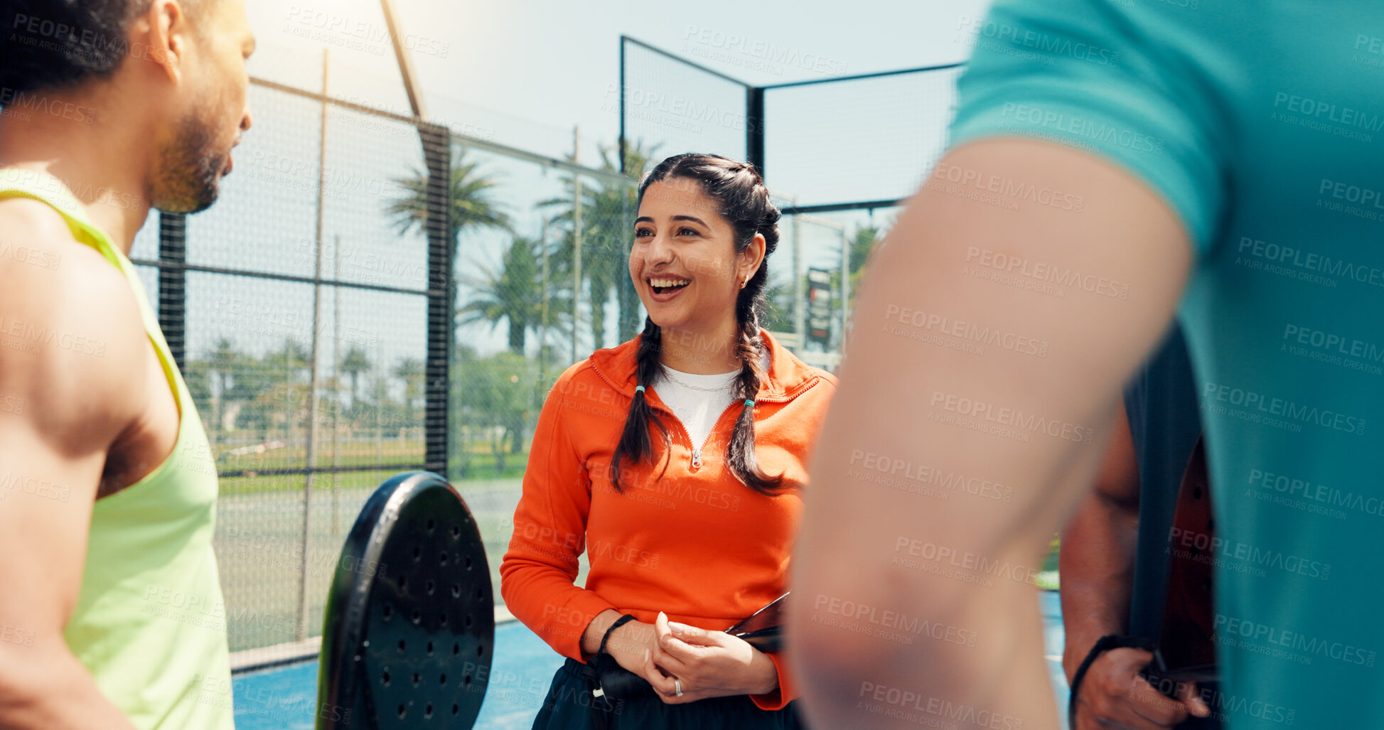 Buy stock photo Smile, padel team and discussion with people on court for support, tournament and fitness. Tennis player, training and bonding with friends, partner and challenge for competition and sport workout
