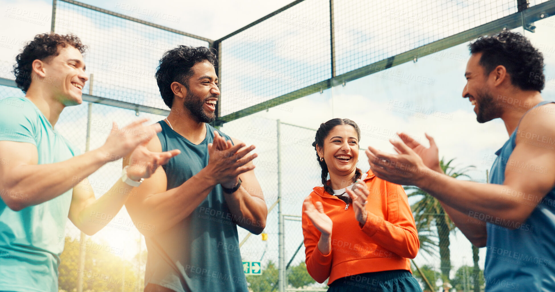 Buy stock photo Team, applause and happy for padel training, fitness and excited for achievement with low angle. People, athlete and group with celebration at tennis court for exercise, success or sports at club